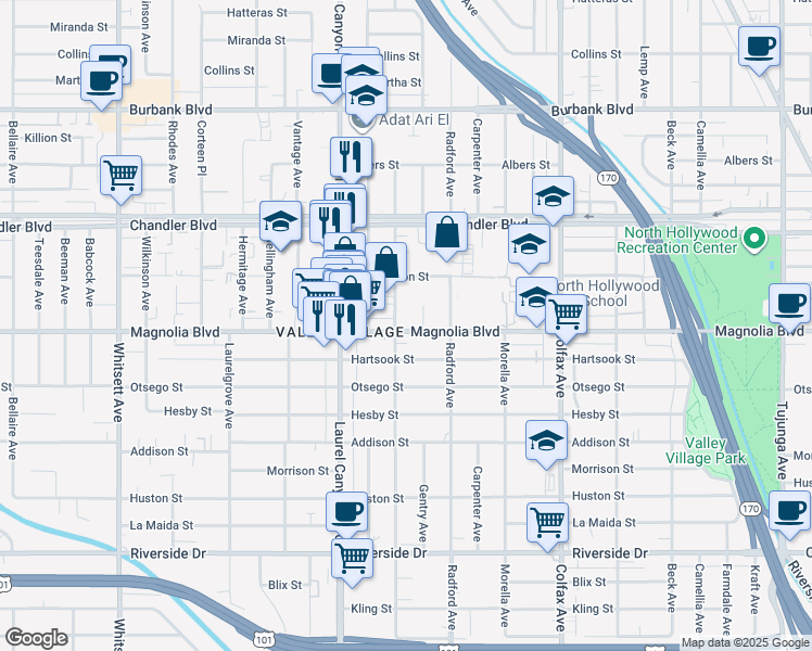 map of restaurants, bars, coffee shops, grocery stores, and more near 11933 Magnolia Boulevard in Los Angeles