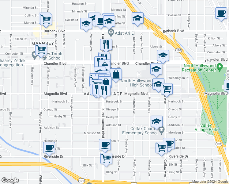 map of restaurants, bars, coffee shops, grocery stores, and more near 5220 Agnes Avenue in Los Angeles