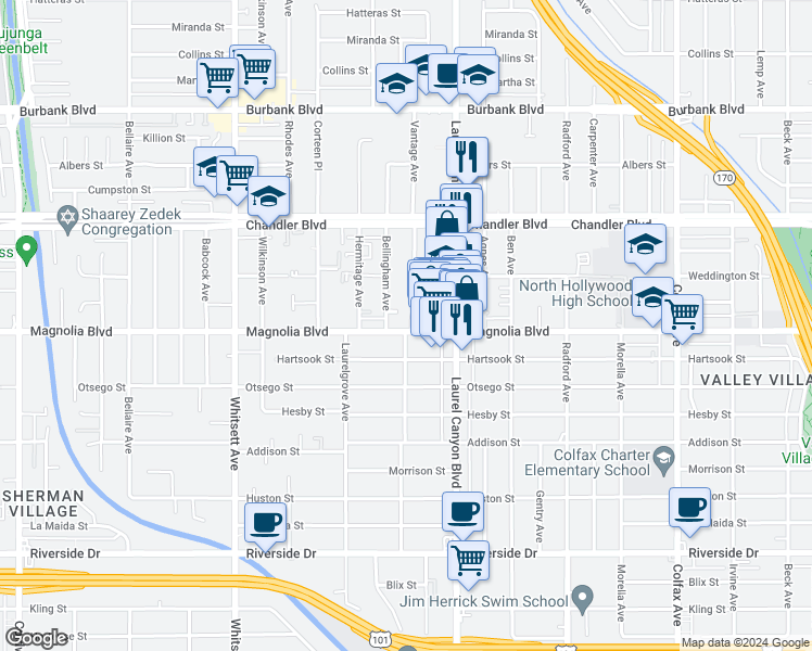map of restaurants, bars, coffee shops, grocery stores, and more near 5224 Vantage Avenue in Los Angeles