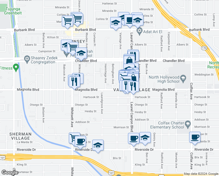 map of restaurants, bars, coffee shops, grocery stores, and more near 12230 West Magnolia Boulevard in Los Angeles