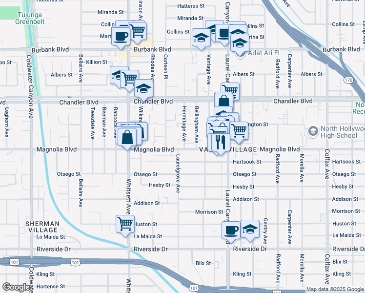 map of restaurants, bars, coffee shops, grocery stores, and more near 5224 Corteen Place in Los Angeles