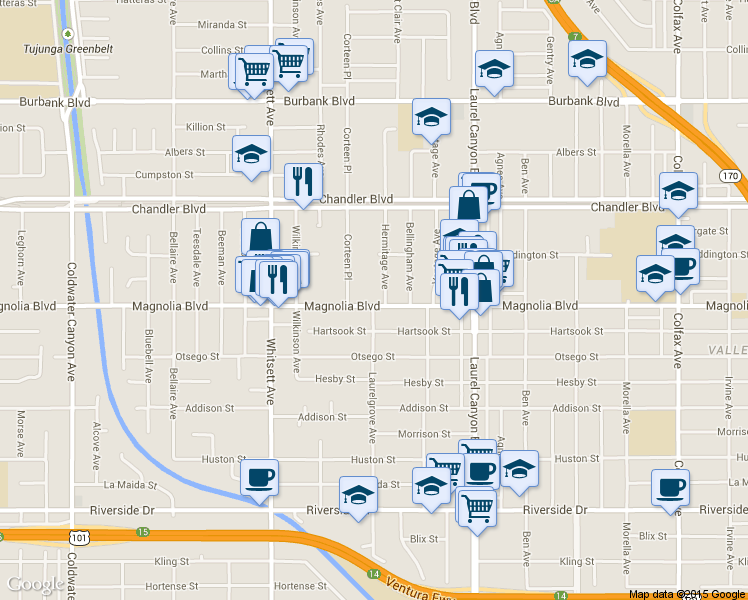 map of restaurants, bars, coffee shops, grocery stores, and more near 5224 Corteen Place in Los Angeles