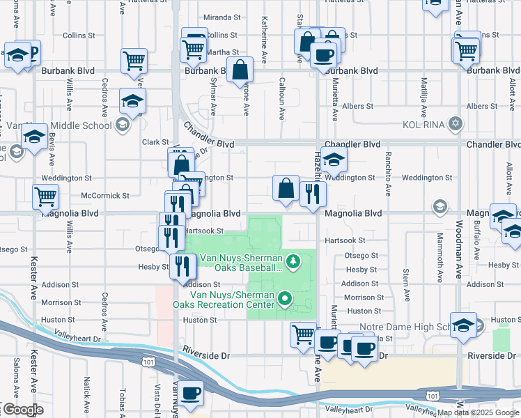 map of restaurants, bars, coffee shops, grocery stores, and more near 14227 West Magnolia Boulevard in Los Angeles