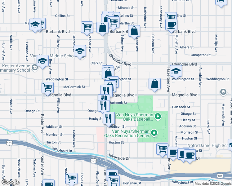 map of restaurants, bars, coffee shops, grocery stores, and more near 5220 Tilden Avenue in Los Angeles