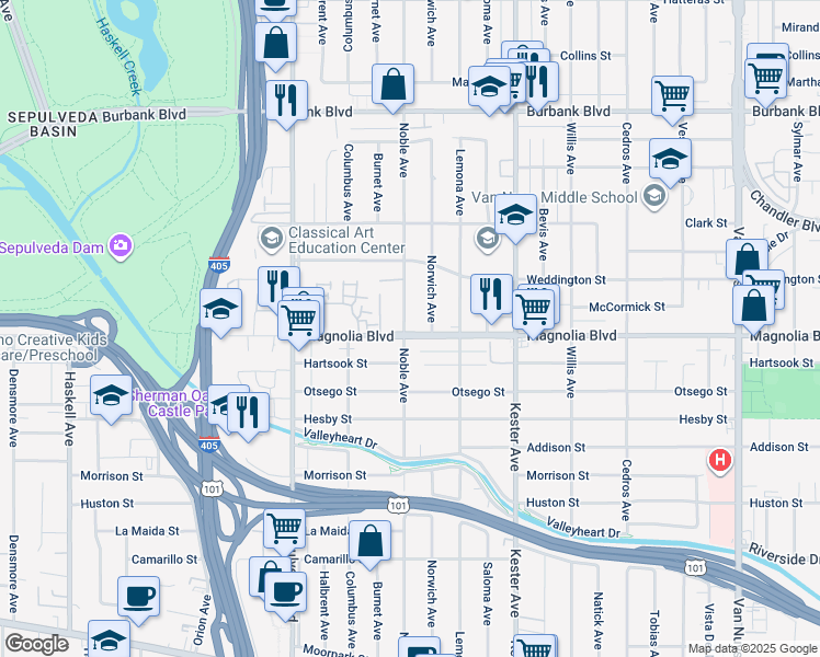 map of restaurants, bars, coffee shops, grocery stores, and more near 5219 Norwich Avenue in Los Angeles