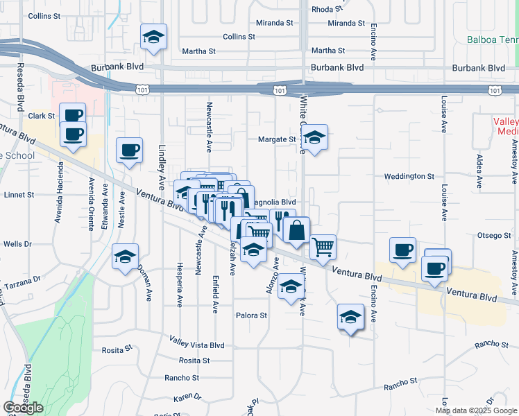 map of restaurants, bars, coffee shops, grocery stores, and more near 17817 West Magnolia Boulevard in Los Angeles