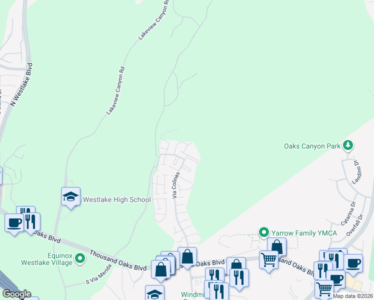 map of restaurants, bars, coffee shops, grocery stores, and more near 664 Via Colinas in Westlake Village