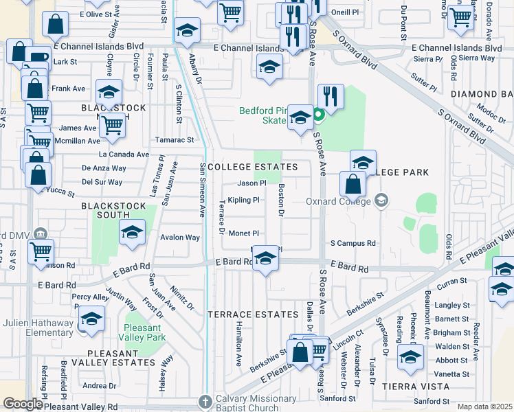map of restaurants, bars, coffee shops, grocery stores, and more near 1321 Kipling Place in Oxnard