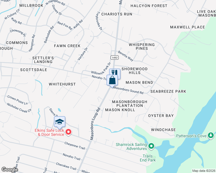 map of restaurants, bars, coffee shops, grocery stores, and more near 4037 Masonboro Loop Road in Wilmington