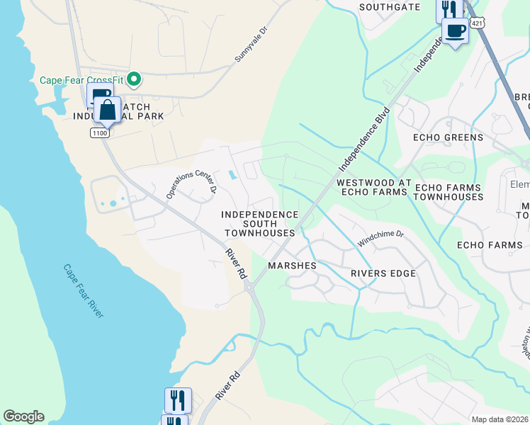 map of restaurants, bars, coffee shops, grocery stores, and more near 242 Hibiscus Way in Wilmington