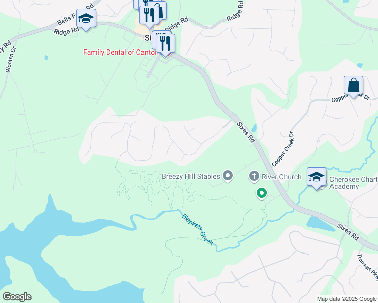 map of restaurants, bars, coffee shops, grocery stores, and more near 1030 Blankets Creek Drive in Canton