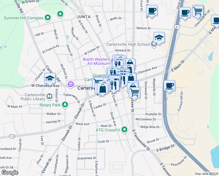 map of restaurants, bars, coffee shops, grocery stores, and more near 11 North Public Square in Cartersville