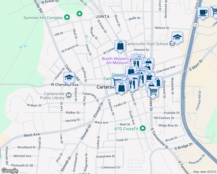 map of restaurants, bars, coffee shops, grocery stores, and more near in Cartersville