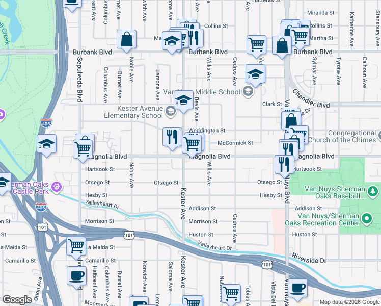 map of restaurants, bars, coffee shops, grocery stores, and more near 14845 Magnolia Boulevard in Los Angeles