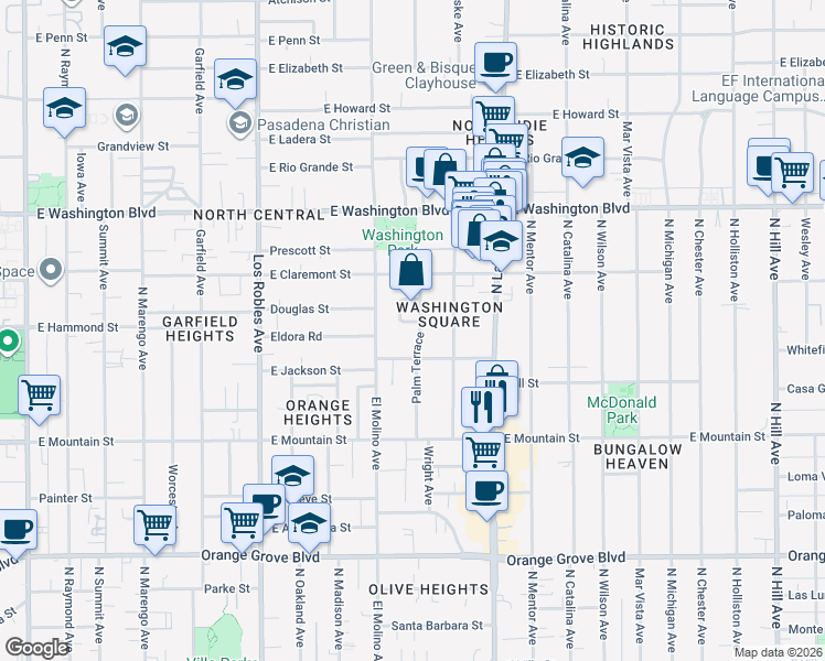 map of restaurants, bars, coffee shops, grocery stores, and more near 1115 Palm Terrace in Pasadena