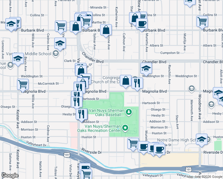 map of restaurants, bars, coffee shops, grocery stores, and more near 5221 Tyrone Avenue in Los Angeles