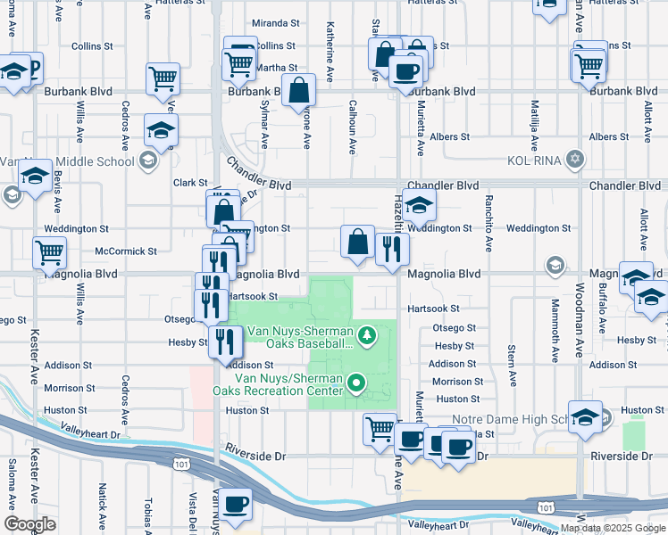map of restaurants, bars, coffee shops, grocery stores, and more near 14227 West Magnolia Boulevard in Los Angeles