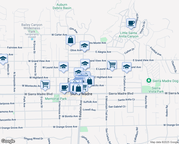 map of restaurants, bars, coffee shops, grocery stores, and more near 58 East Laurel Avenue in Sierra Madre