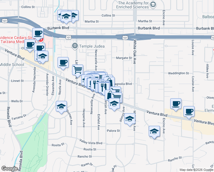 map of restaurants, bars, coffee shops, grocery stores, and more near 17914 Magnolia Boulevard in Los Angeles