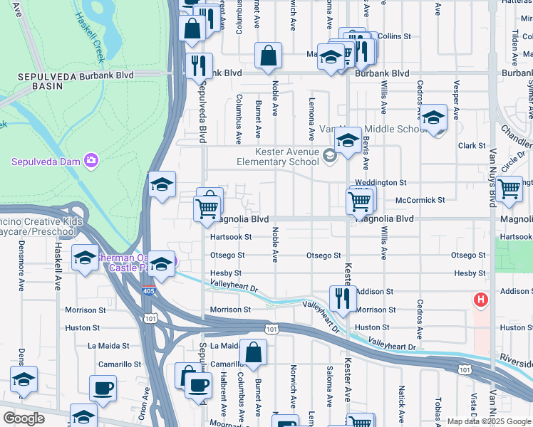 map of restaurants, bars, coffee shops, grocery stores, and more near 15101 West Magnolia Boulevard in Los Angeles