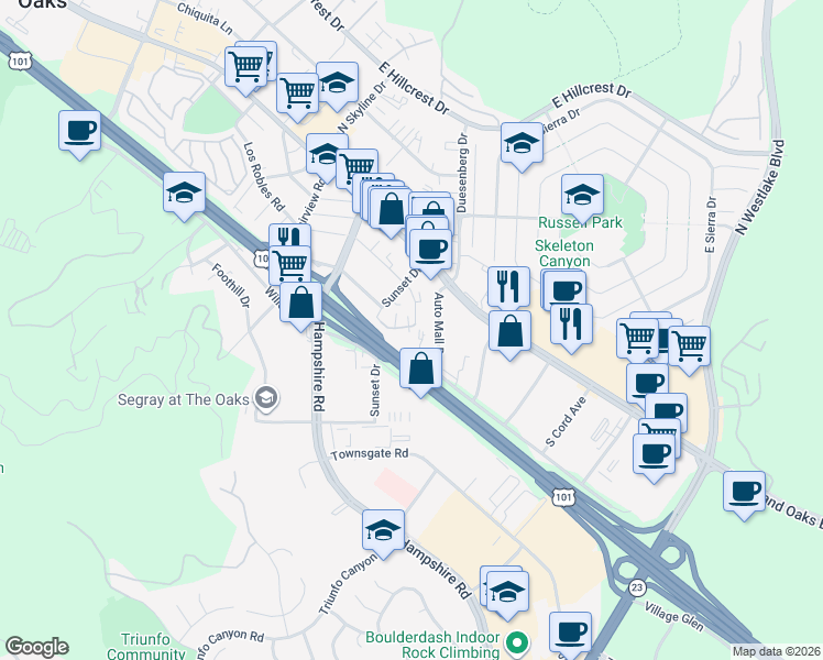 map of restaurants, bars, coffee shops, grocery stores, and more near 3414 Holly Grove Street in Westlake Village