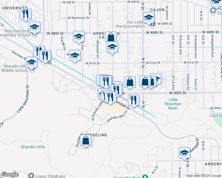 map of restaurants, bars, coffee shops, grocery stores, and more near 4004 North 3rd Avenue in San Bernardino County
