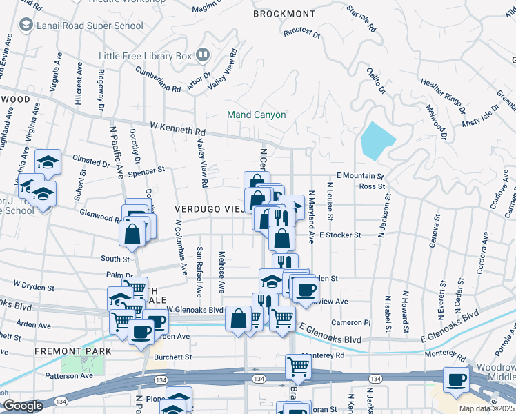 map of restaurants, bars, coffee shops, grocery stores, and more near 1303 North Central Avenue in Glendale