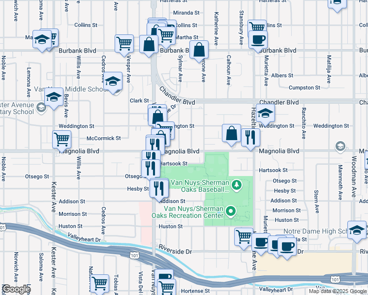 map of restaurants, bars, coffee shops, grocery stores, and more near 5217 Lennox Avenue in Los Angeles