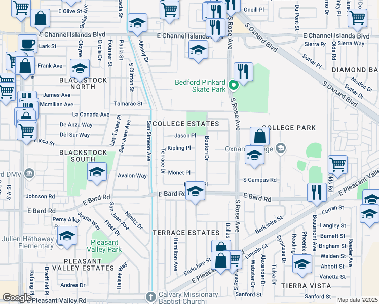 map of restaurants, bars, coffee shops, grocery stores, and more near 1321 Kipling Place in Oxnard