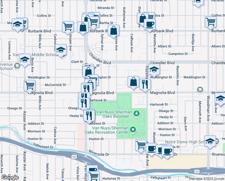 map of restaurants, bars, coffee shops, grocery stores, and more near 5221 Tyrone Avenue in Los Angeles