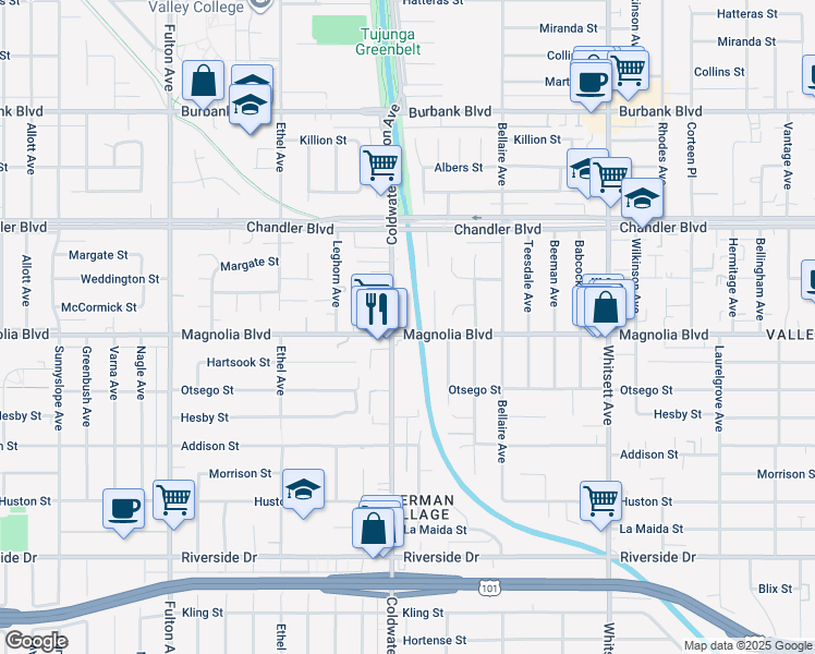 map of restaurants, bars, coffee shops, grocery stores, and more near 5224 Coldwater Canyon Avenue in Los Angeles