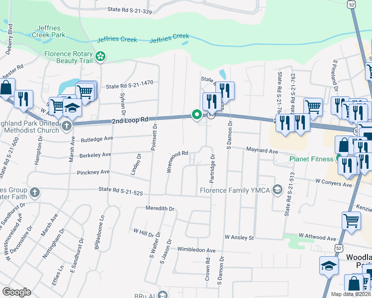 map of restaurants, bars, coffee shops, grocery stores, and more near 1512 Scott Drive in Florence