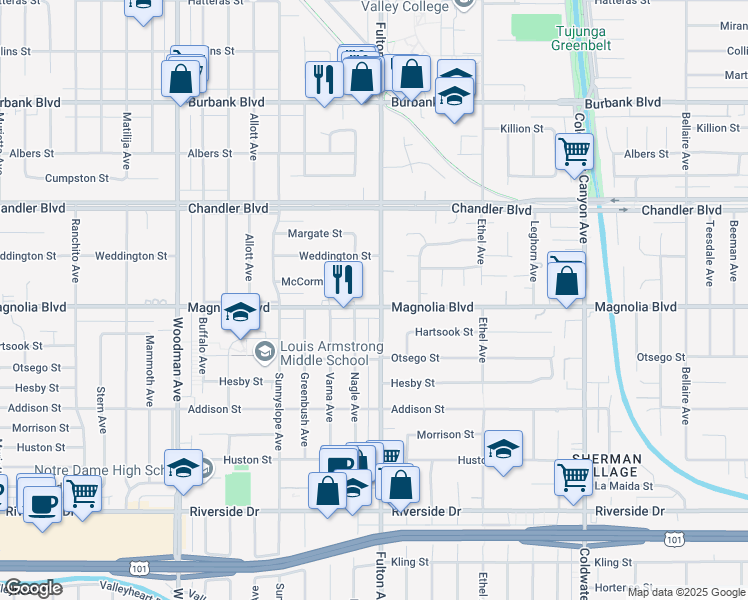 map of restaurants, bars, coffee shops, grocery stores, and more near 5201 Fulton Avenue in Los Angeles