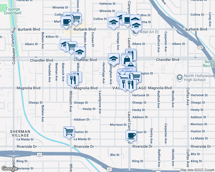 map of restaurants, bars, coffee shops, grocery stores, and more near 12235 Magnolia Boulevard in Los Angeles