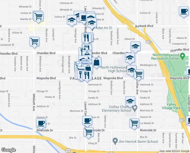 map of restaurants, bars, coffee shops, grocery stores, and more near 12021 Magnolia Boulevard in Los Angeles