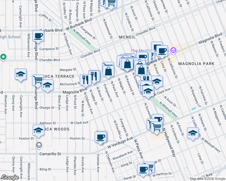map of restaurants, bars, coffee shops, grocery stores, and more near 910 North Pass Avenue in Burbank
