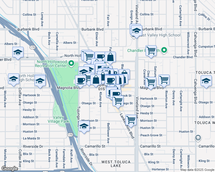 map of restaurants, bars, coffee shops, grocery stores, and more near 5210 Lankershim Boulevard in Los Angeles