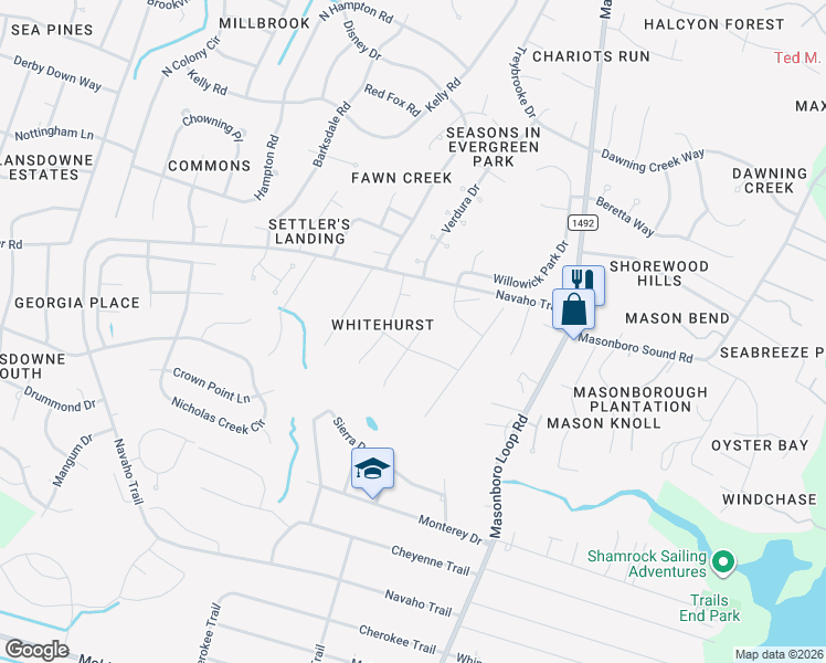 map of restaurants, bars, coffee shops, grocery stores, and more near 4131 Whitehurst Drive in Wilmington