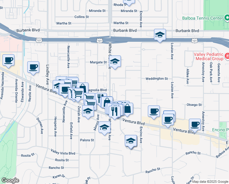 map of restaurants, bars, coffee shops, grocery stores, and more near 5200 White Oak Avenue in Los Angeles