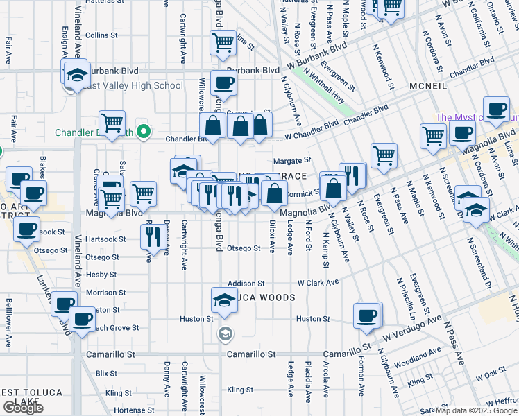 map of restaurants, bars, coffee shops, grocery stores, and more near 5214 Strohm Avenue in Los Angeles