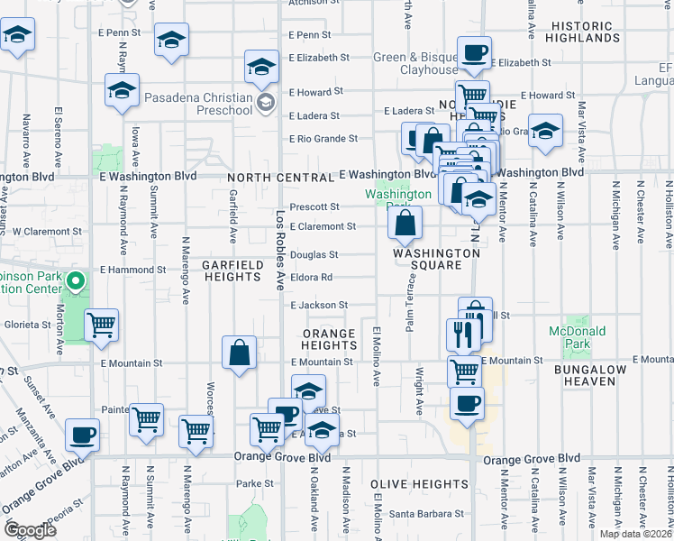 map of restaurants, bars, coffee shops, grocery stores, and more near 590 Douglas Street in Pasadena