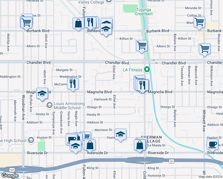map of restaurants, bars, coffee shops, grocery stores, and more near 13111 Magnolia Boulevard in Los Angeles