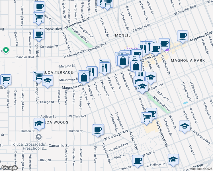 map of restaurants, bars, coffee shops, grocery stores, and more near 914 Evergreen Street in Burbank