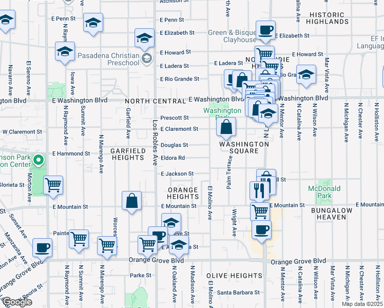 map of restaurants, bars, coffee shops, grocery stores, and more near 575 Eldora Road in Pasadena
