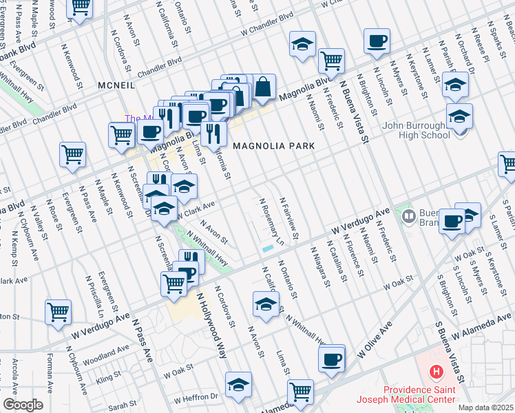 map of restaurants, bars, coffee shops, grocery stores, and more near 633 North Rosemary Lane in Burbank