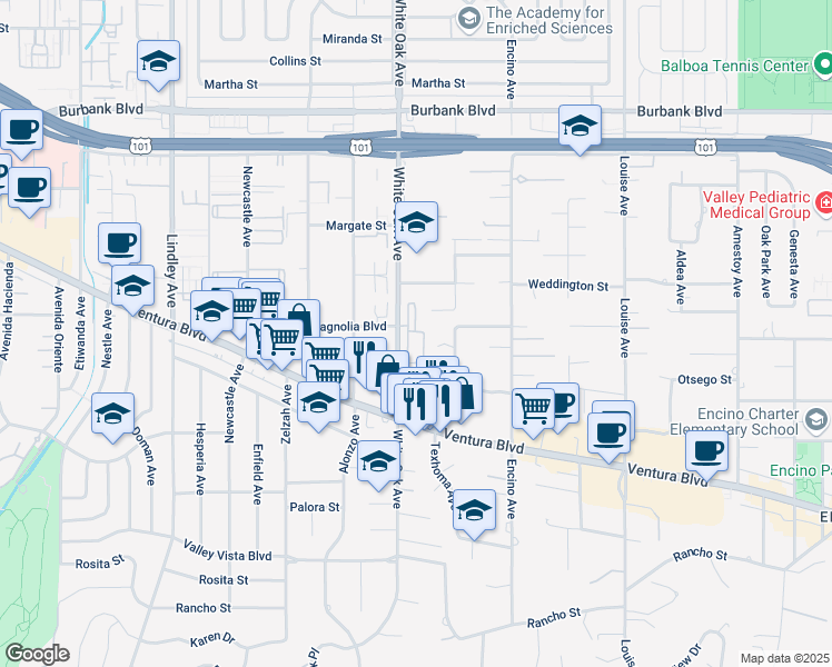 map of restaurants, bars, coffee shops, grocery stores, and more near 5200 White Oak Avenue in Los Angeles