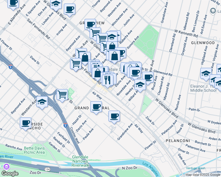 map of restaurants, bars, coffee shops, grocery stores, and more near 6306 San Fernando Road in Glendale