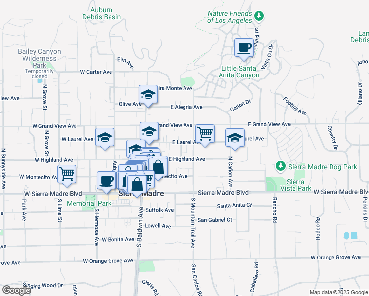 map of restaurants, bars, coffee shops, grocery stores, and more near 197 North Mountain Trail in Sierra Madre