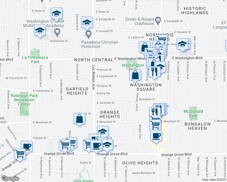 map of restaurants, bars, coffee shops, grocery stores, and more near 567 Eldora Road in Pasadena