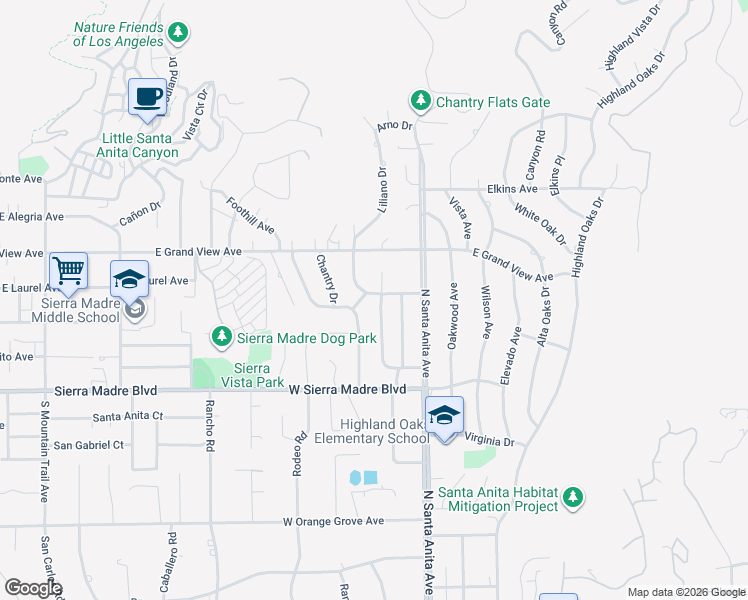 map of restaurants, bars, coffee shops, grocery stores, and more near 1815 El Vista Circle in Arcadia